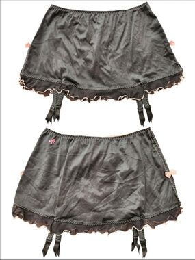 RARE Vintage Victoria's Secret Black Satin Garter Belt Slip Pink Accents & Thong